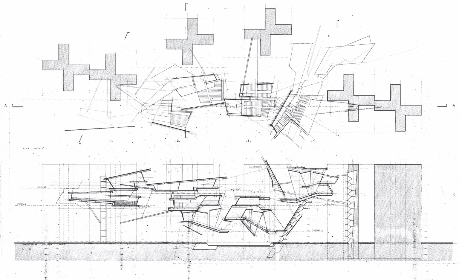 Architectural drawing study showing a plan and longitudinal section with overlapping geometric forms.