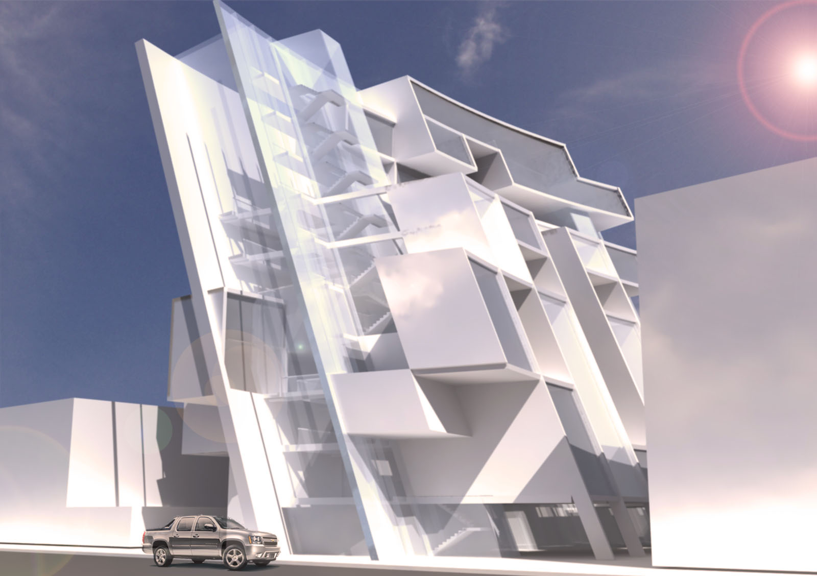 Architectural rendering of a contemporary building with angular white volumes and a glazed stair tower.