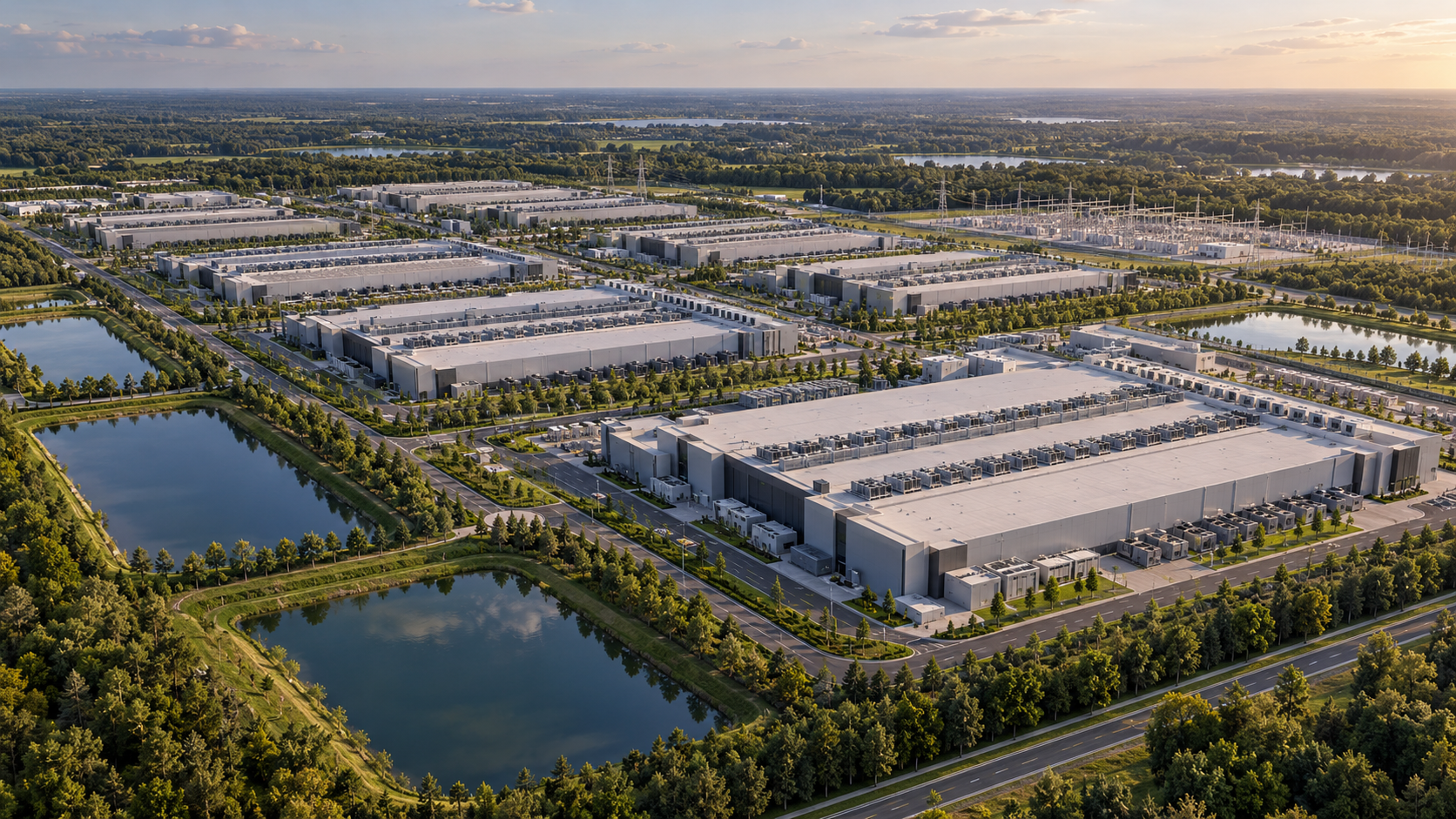 Illustrative aerial view of a multi-building data center campus with landscaped grounds and utility infrastructure.